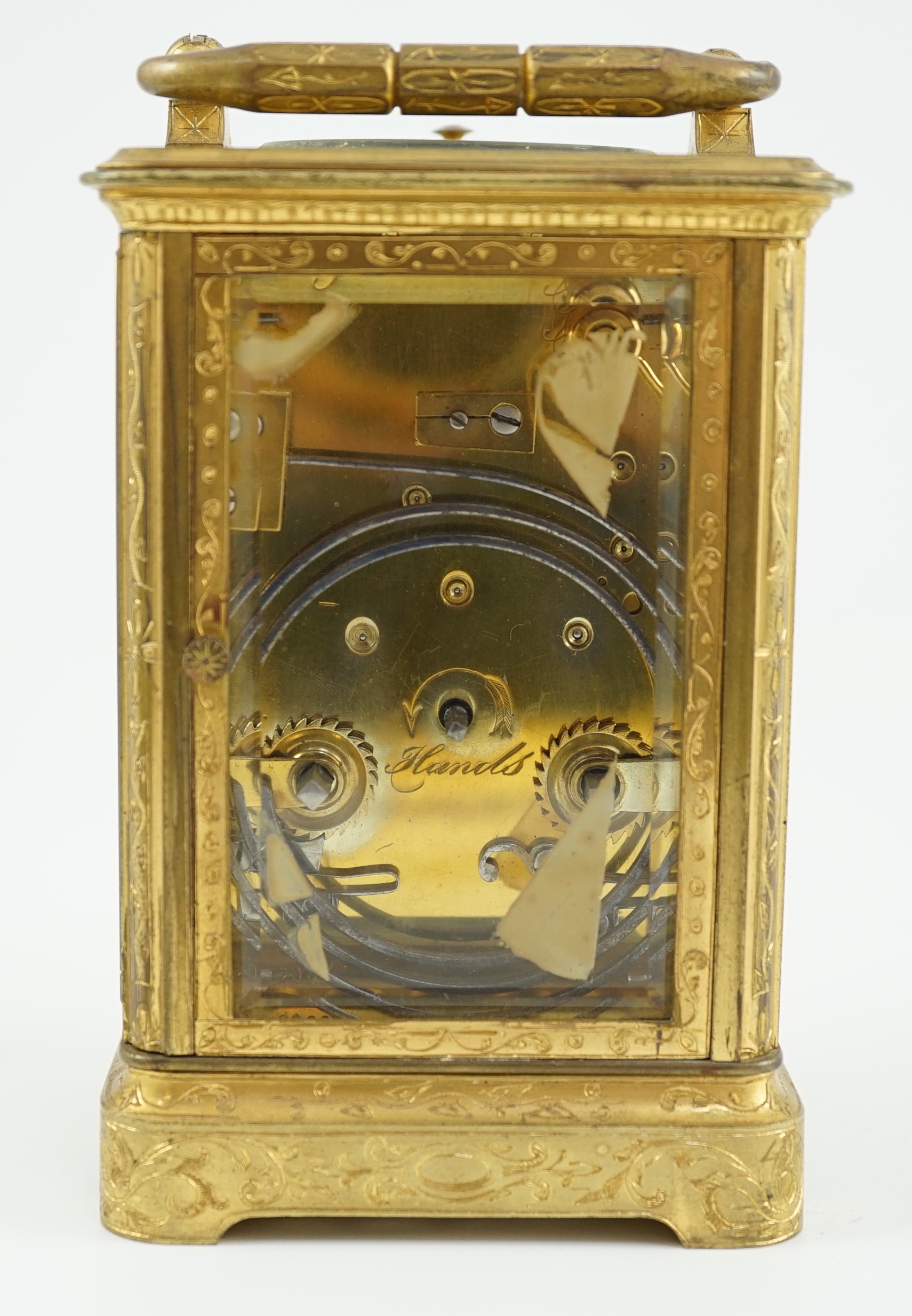 A late 19th century French gilt brass repeating carriage clock, width 8cm depth 7.5cm height 13cm